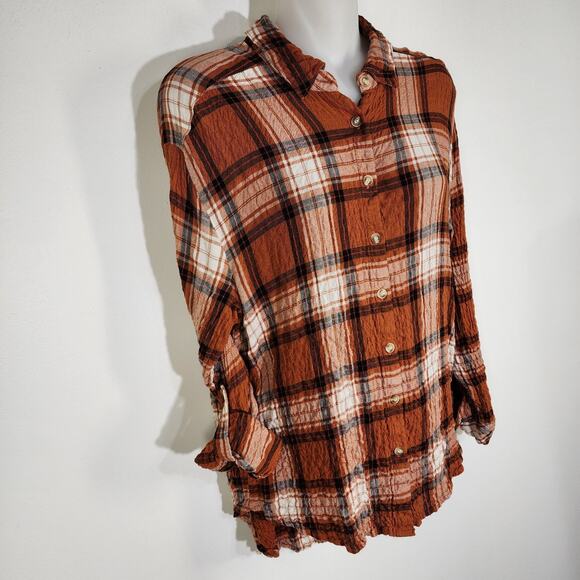 Jane and Delancey Women Shirt Plaid Button Long Tab Sleeve Orange Crinkle Medium - Picture 4 of 12
